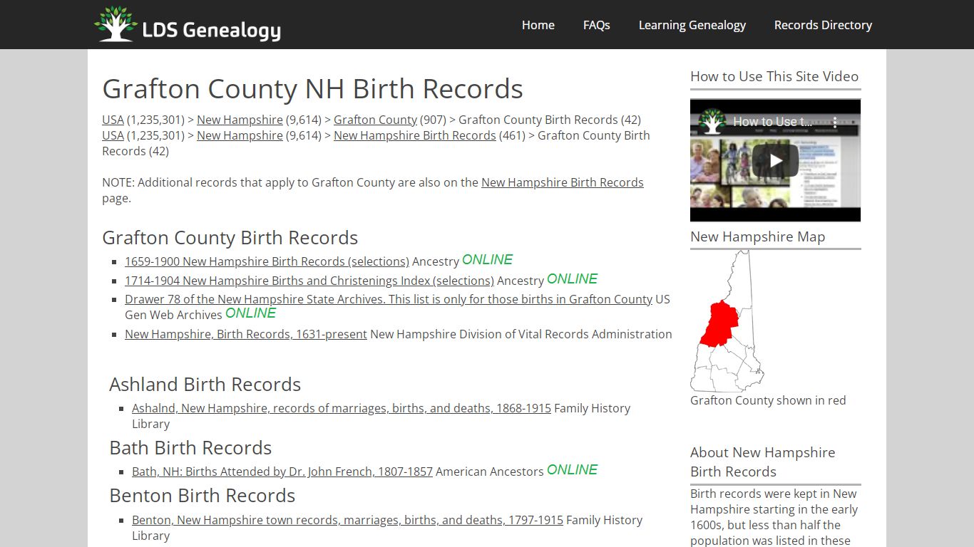 Grafton County NH Birth Records - LDS Genealogy